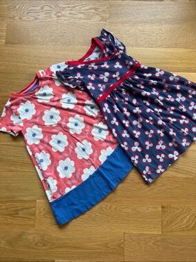 Mini Boden Coral Pink Floral Tee and Navy Patterned Short Sleeve Dress Set